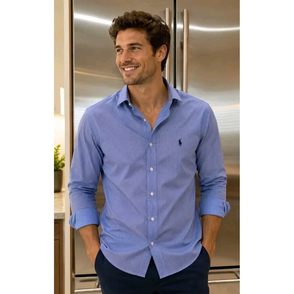 Polo Ralph Lauren Blue Stripe Shirt Classic Preppy Old Money SZ 16 34/35 Coastal